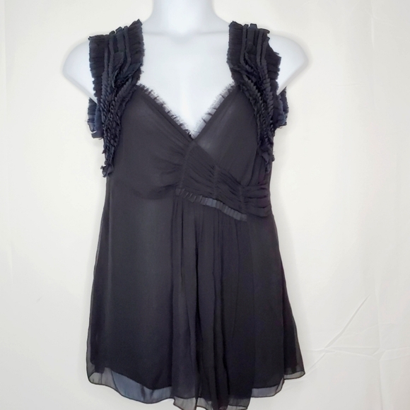 Black Ruffle Trim Babydoll Top Size L Sheer Whimsigoth V-neck Tunic Romantic - Picture 1 of 13